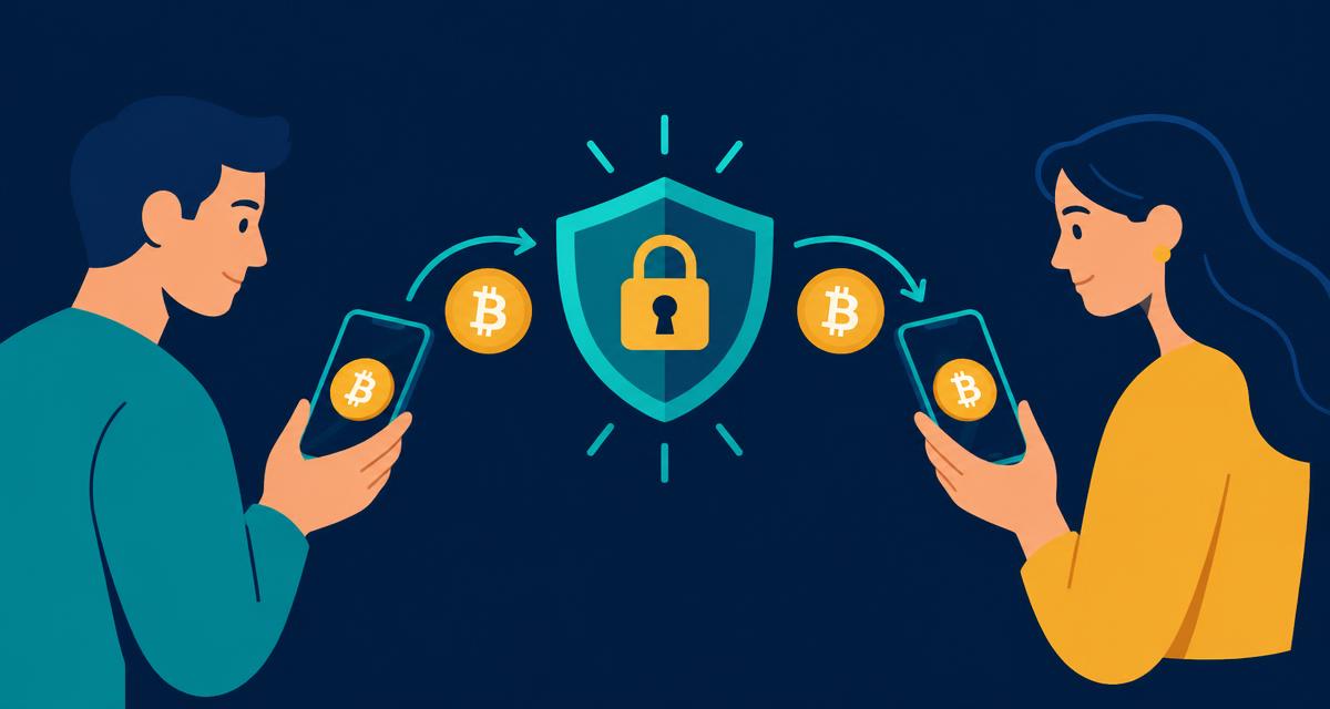 Shield and lock holding Bitcoin between two traders